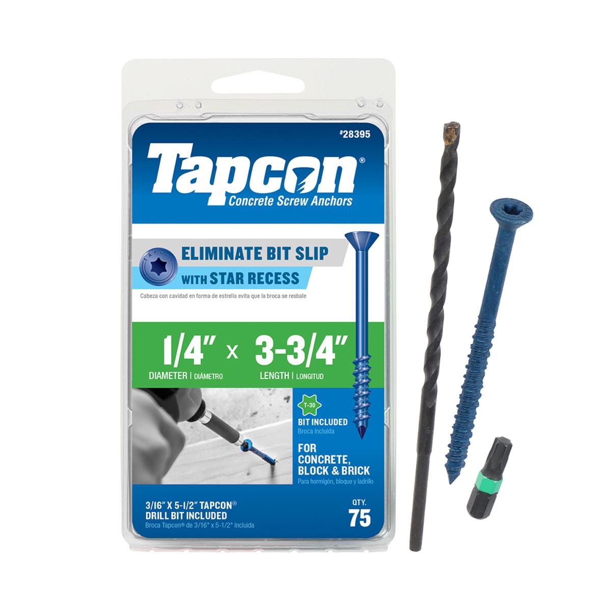 Tapcon 1/4 x 3-3/4 Inch Blue Climaseal Star Head Concrete Anchors, 75 PCS, Corrosion Resistant Coating, Heavy-Duty Concrete and Masonry Screws, Superior Holding Strength, Drill & T-30 Bit In