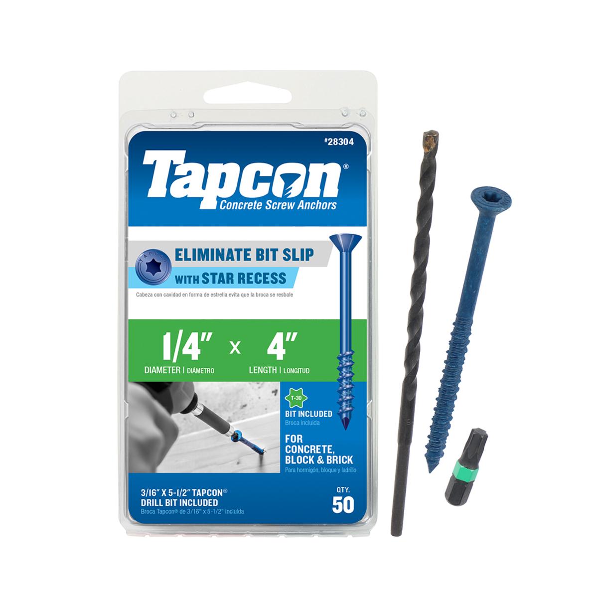 Tapcon 1/4 x 4 Inch Blue Climaseal Star Head Concrete Anchors, 50 PCS, Corrosion Resistant Coating, Heavy-Duty Concrete and Masonry Screws, Superior Holding Strength, Drill & T-30 Bit Includ
