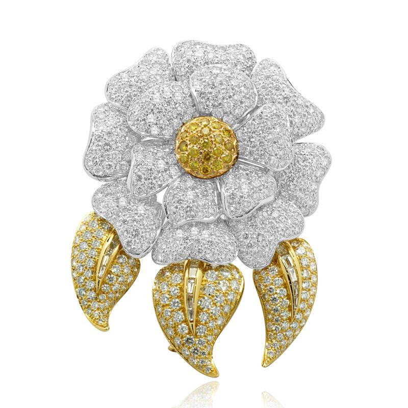 18 Karat White & Yellow Gold Fancy Yellow and White Pave Diamond Flower Pin