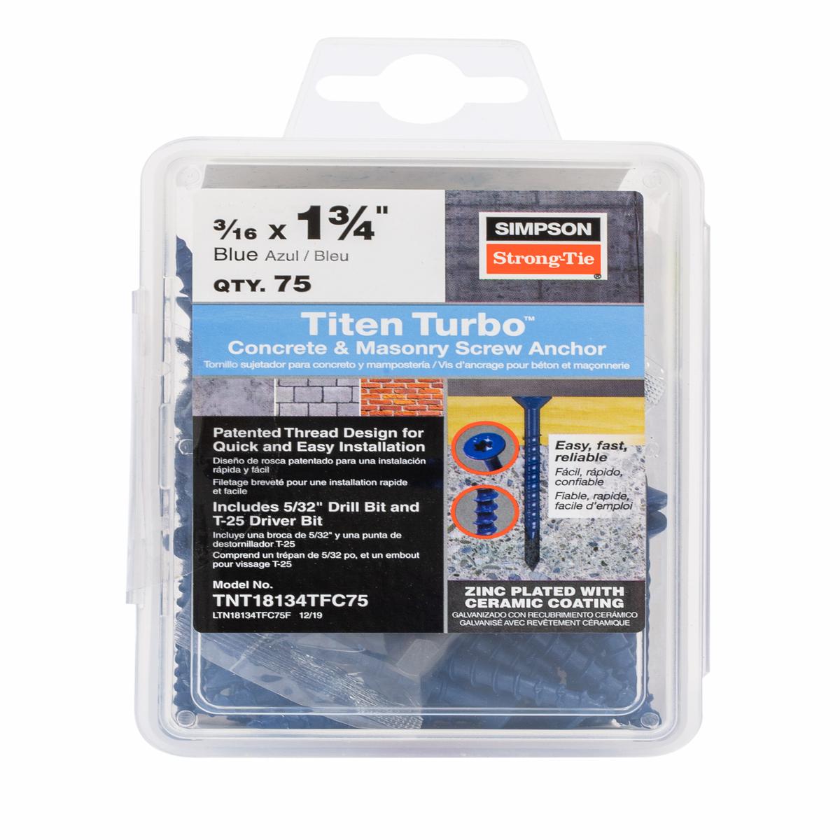 Simpson TNT18134TFC75 Titen Turbo 3/16 in. x 1-3/4 in. 6-Lobe Flat-Head Concrete and Masonry Screw, Blue
