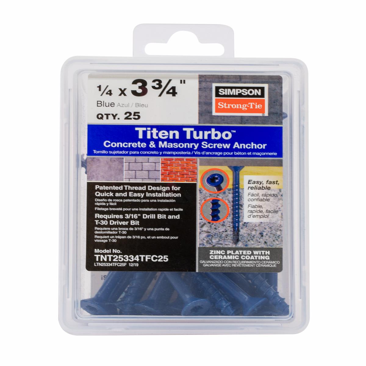 Simpson TNT25334TFC25 Titen Turbo 1/4 in. x 3-3/4 in. 6-Lobe Flat-Head Concrete and Masonry Screw, Blue