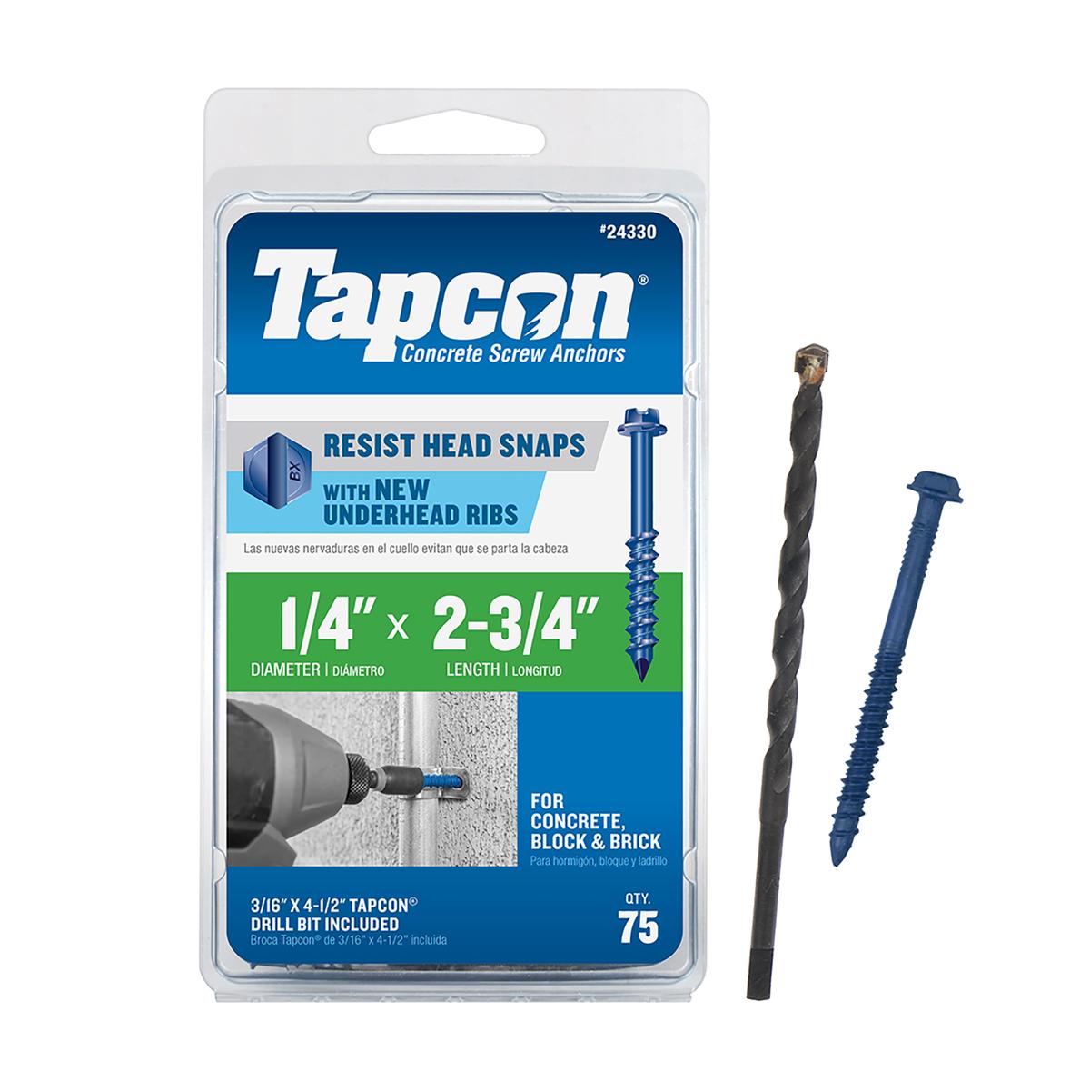 Tapcon 1/4 x 2-3/4 Inch Blue Climaseal Hex Head Concrete Anchors, 75 PCS, Corrosion Resistant Coating, Heavy-Duty Concrete and Masonry Screws, Superior Holding Strength, Drill Bit Included